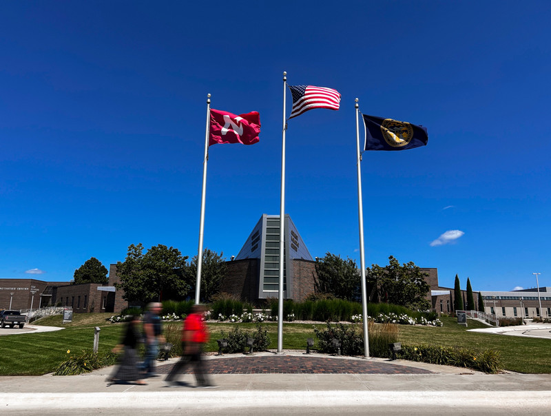 Northeast campus showing flags
