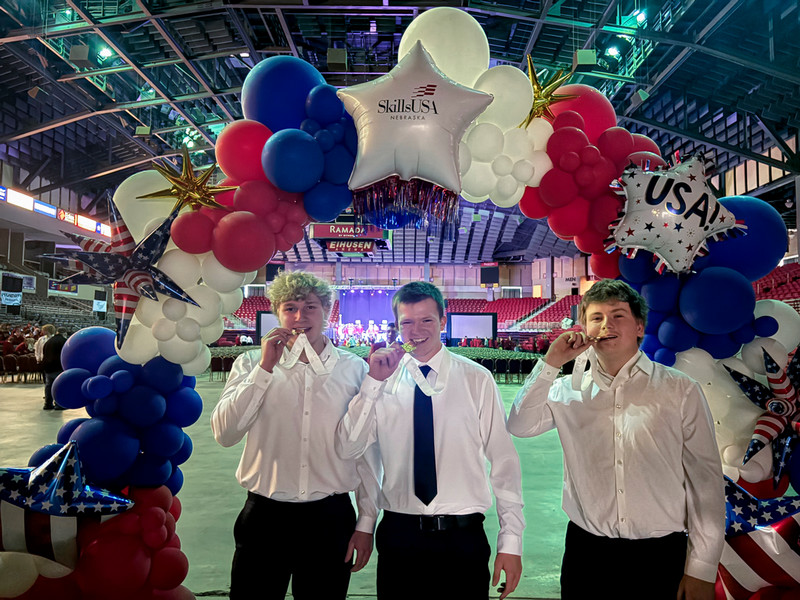 Students display their gold medals after earning top honors in Welding Fabrication at the SkillsUSA Nebraska State Leadership and Skills Conference