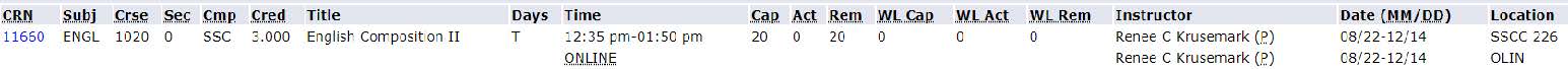 Example of Hybrid course includes 2 entry lines including date and time with a designated room location and online in date and location.