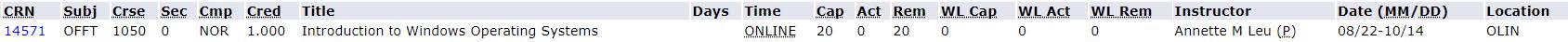 Example of Online Course which is designated with "online" in the date, time, and location fields.