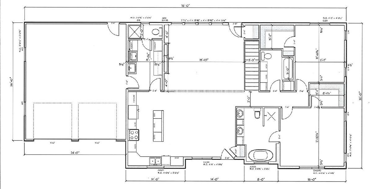 Black-and-white floor plan depicting a single-story home with open kitchen and living area, bedrooms and bathrooms on one side, and an attached two-car garage.