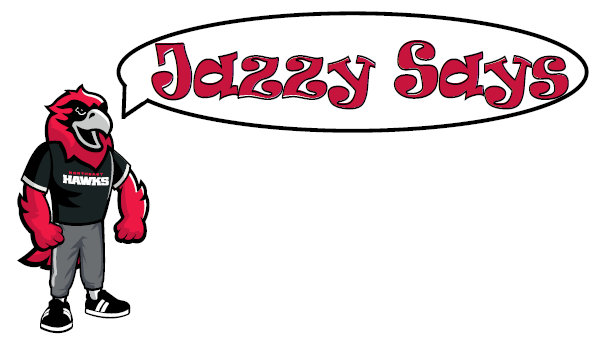 Jazzy the Hawk mascot with speech bubble "Jazzy Says"